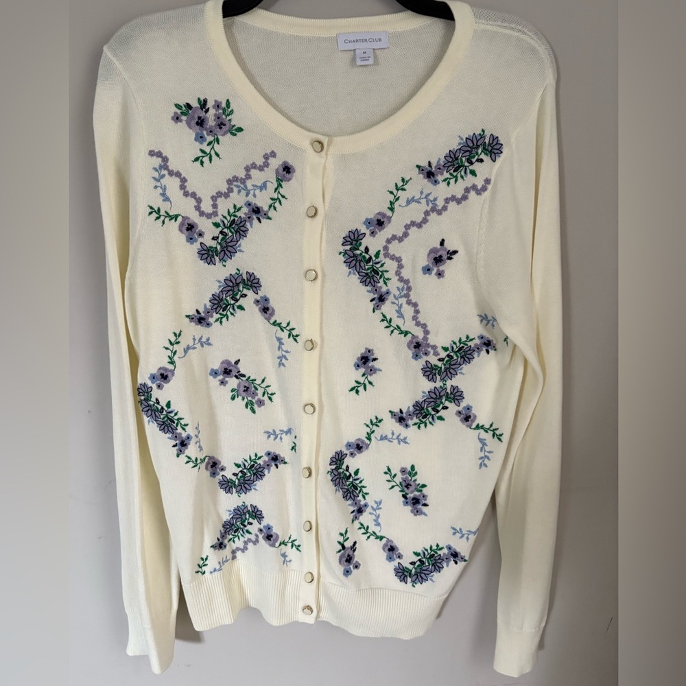 Charter Club Light Cream and Violet Floral Cardigan  Medium